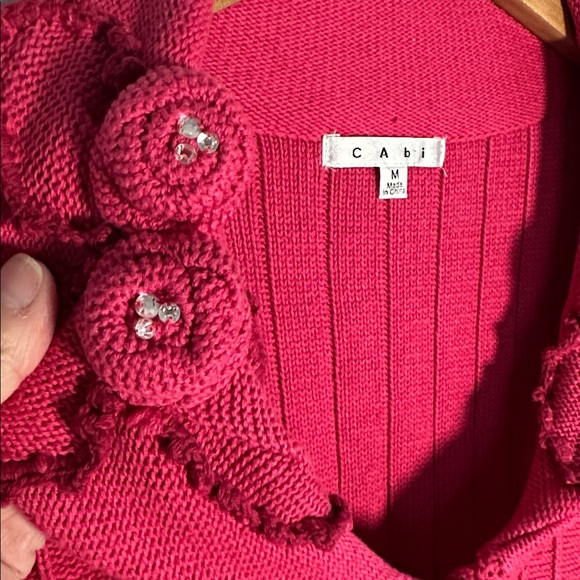 CAbi Hot Pink Cranberry Gem Flower Cardigan Sweater Rosette Crystal Valentines - Picture 4 of 8